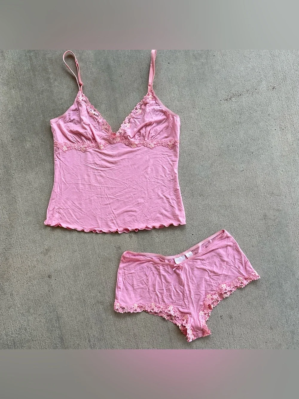 Vintage victoria secret Pink Lace Trim Cami and Short Sleep Set